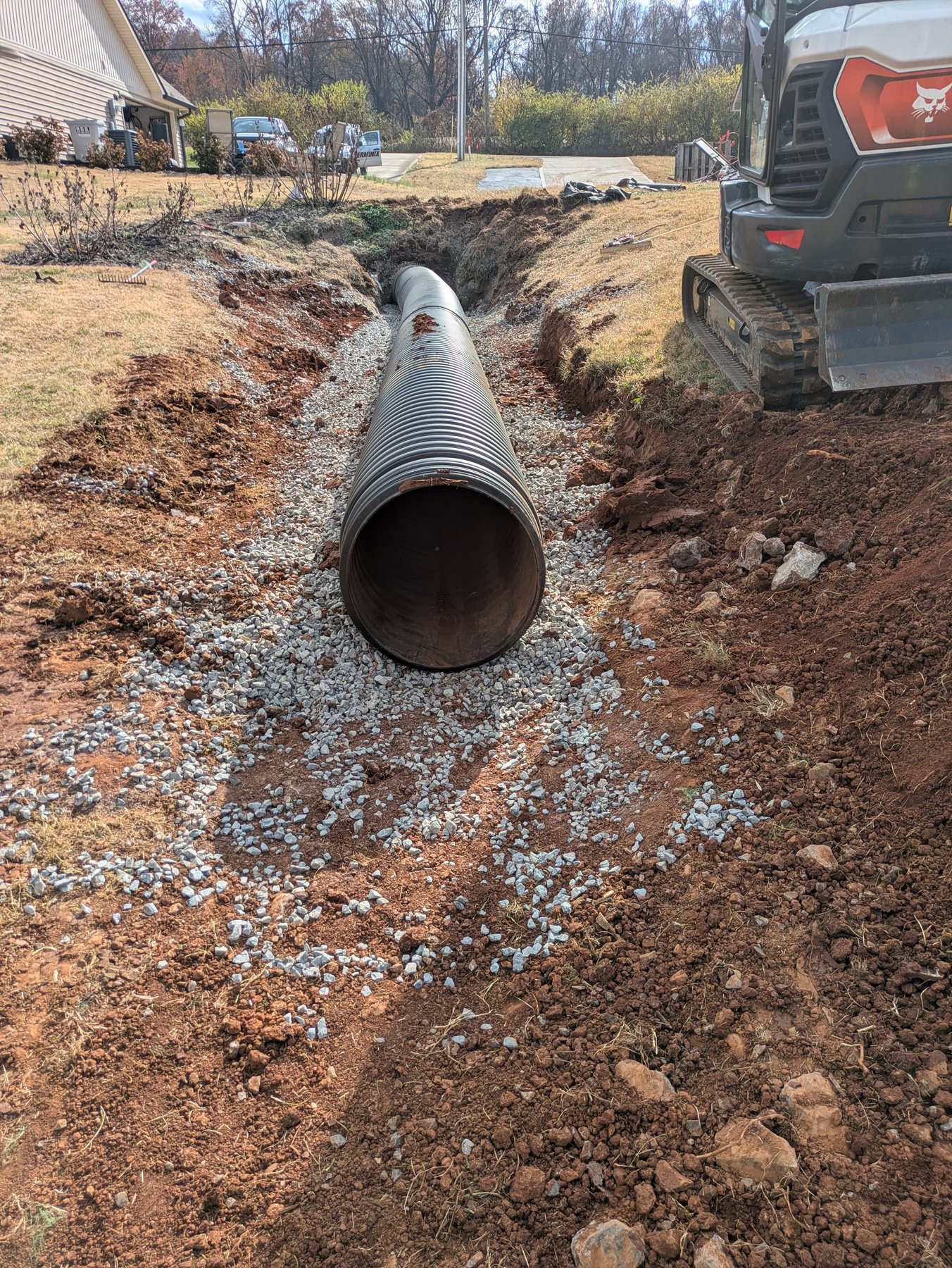 Culvert pipe set in stone for a BECS drainage job